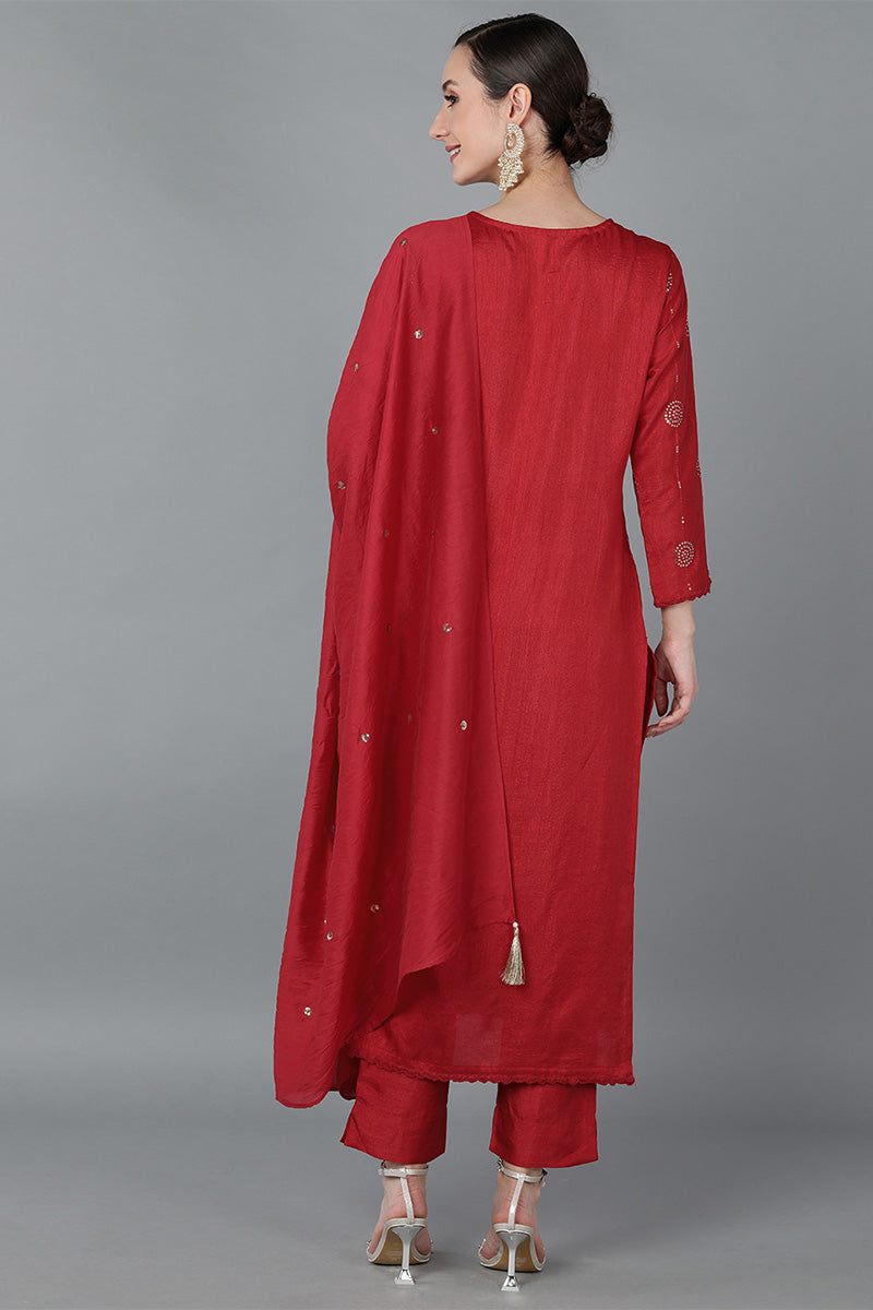  Women Red Silk Blend Solid Kurta Trousers With Dupatta 