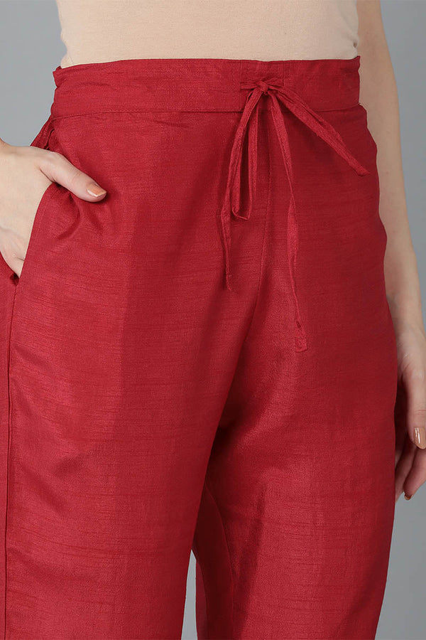  Women Red Silk Blend Solid Kurta Trousers With Dupatta 