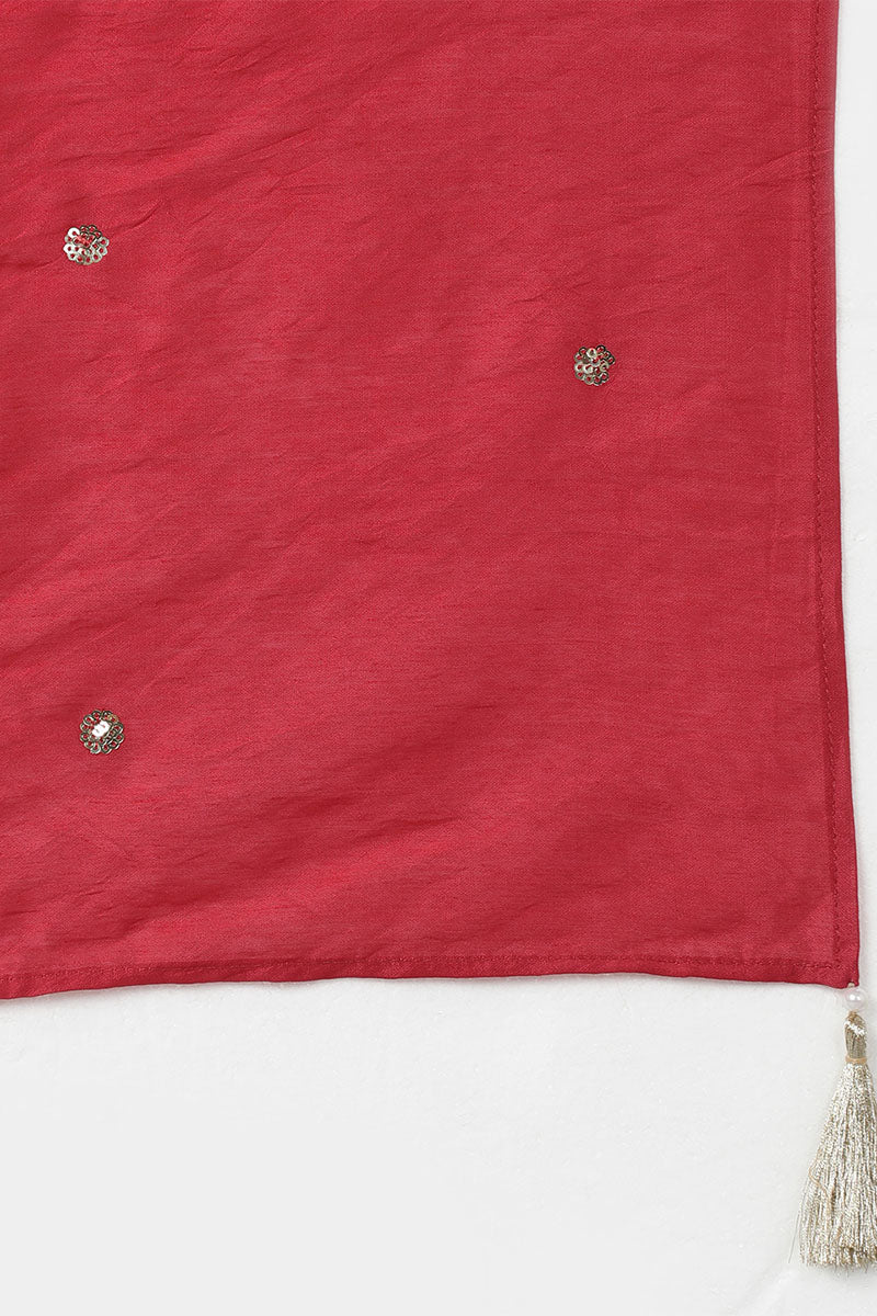  Women Red Silk Blend Solid Kurta Trousers With Dupatta 