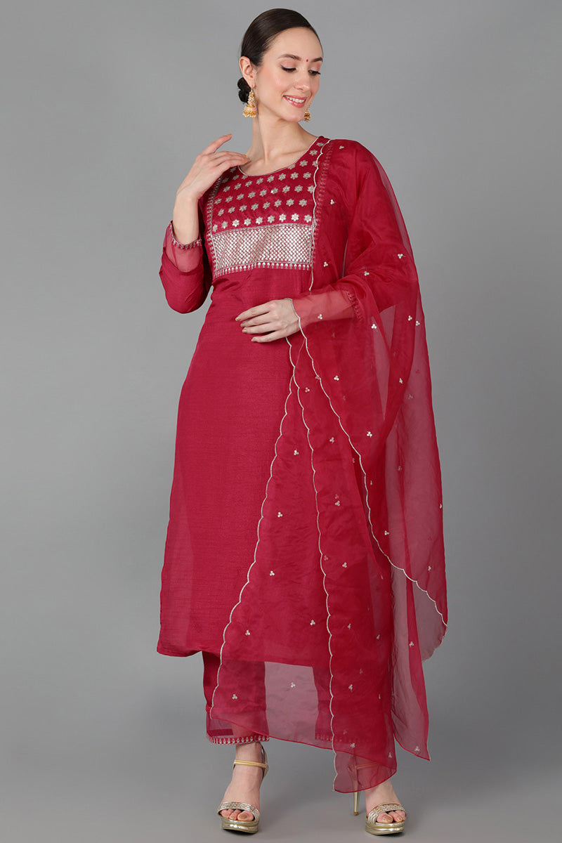  Women Red Poly Silk Yoke Design Kurta Trousers With Dupatta 