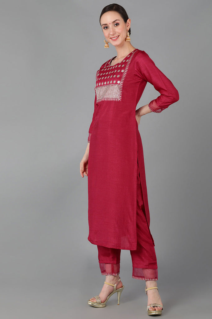  Women Red Poly Silk Yoke Design Kurta Trousers With Dupatta 