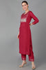  Women Red Poly Silk Yoke Design Kurta Trousers With Dupatta 