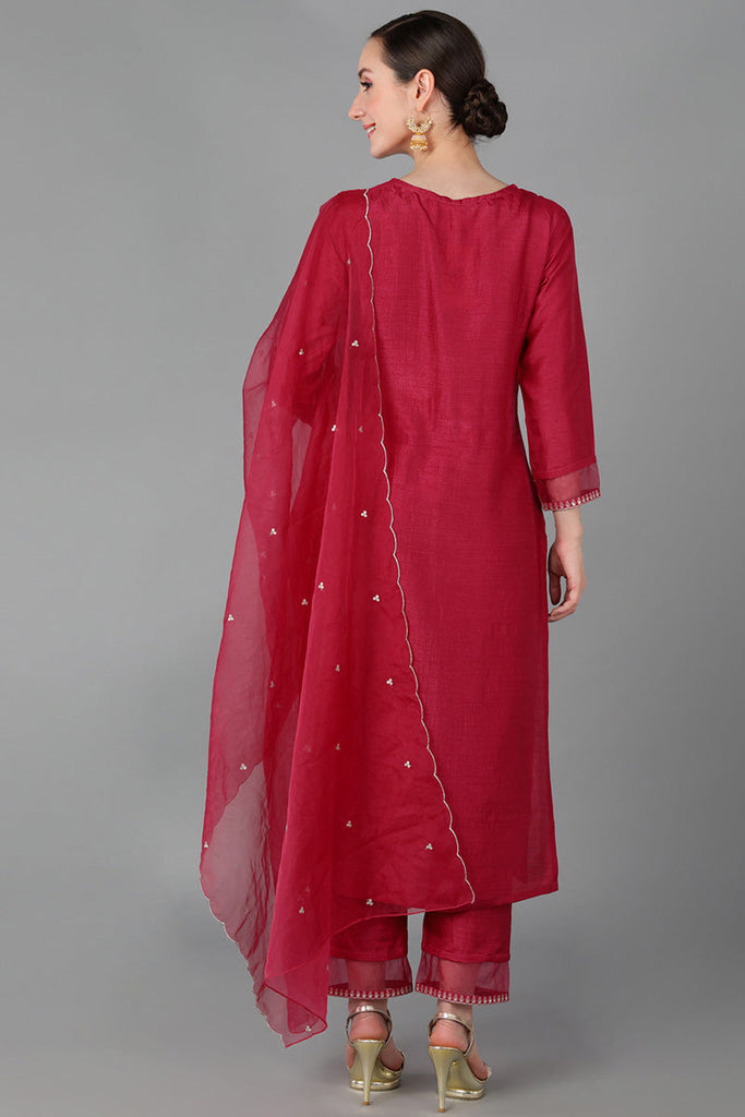  Women Red Poly Silk Yoke Design Kurta Trousers With Dupatta 