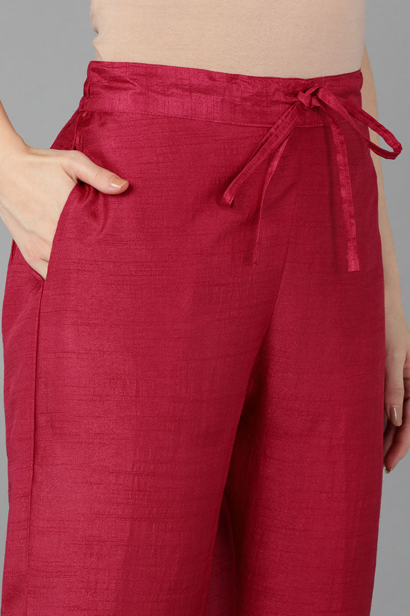  Women Red Poly Silk Yoke Design Kurta Trousers With Dupatta 