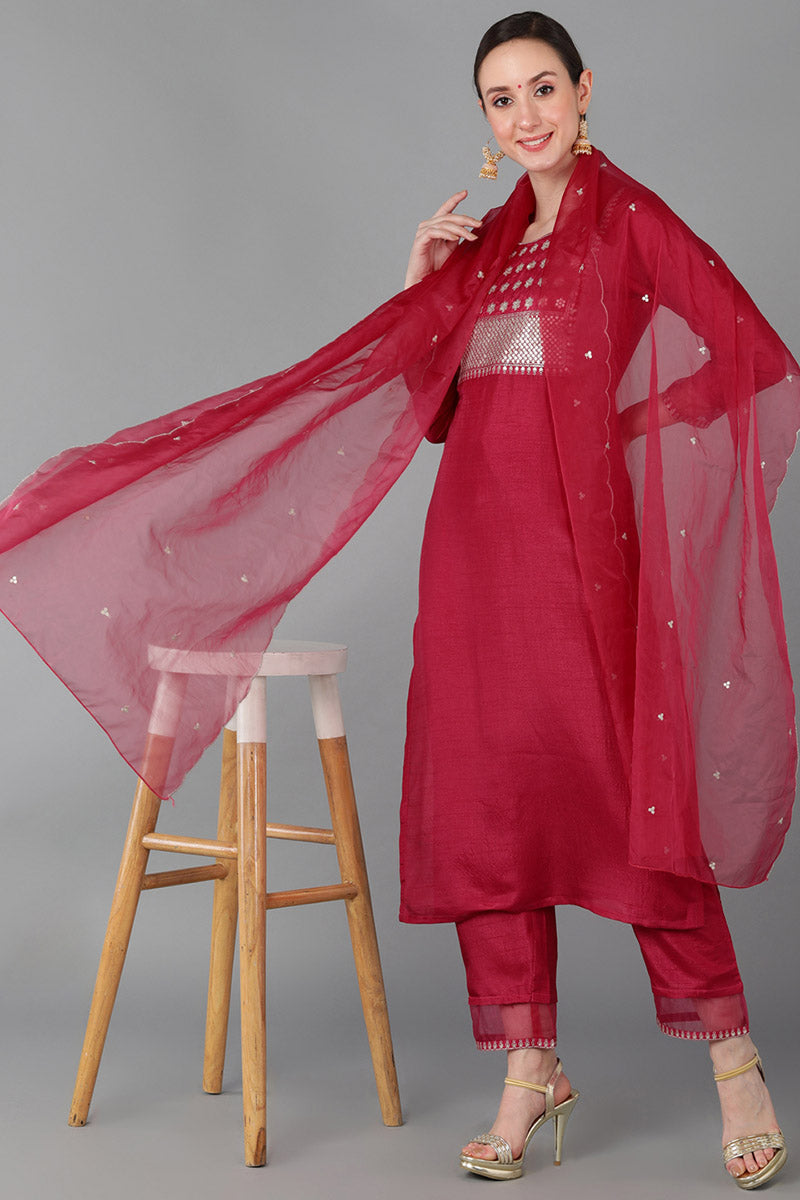  Women Red Poly Silk Yoke Design Kurta Trousers With Dupatta 