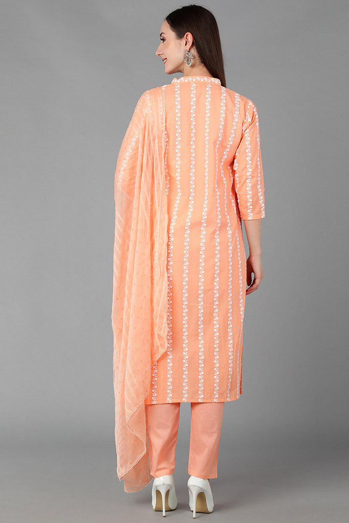  Women Orange Silk Blend Embroidered Kurta Trousers With Dupatta 