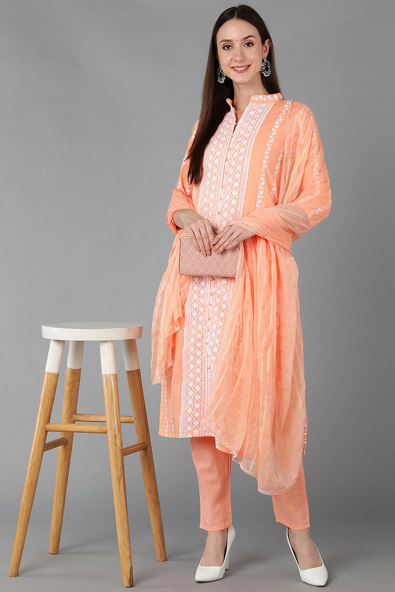  Women Orange Silk Blend Embroidered Kurta Trousers With Dupatta 