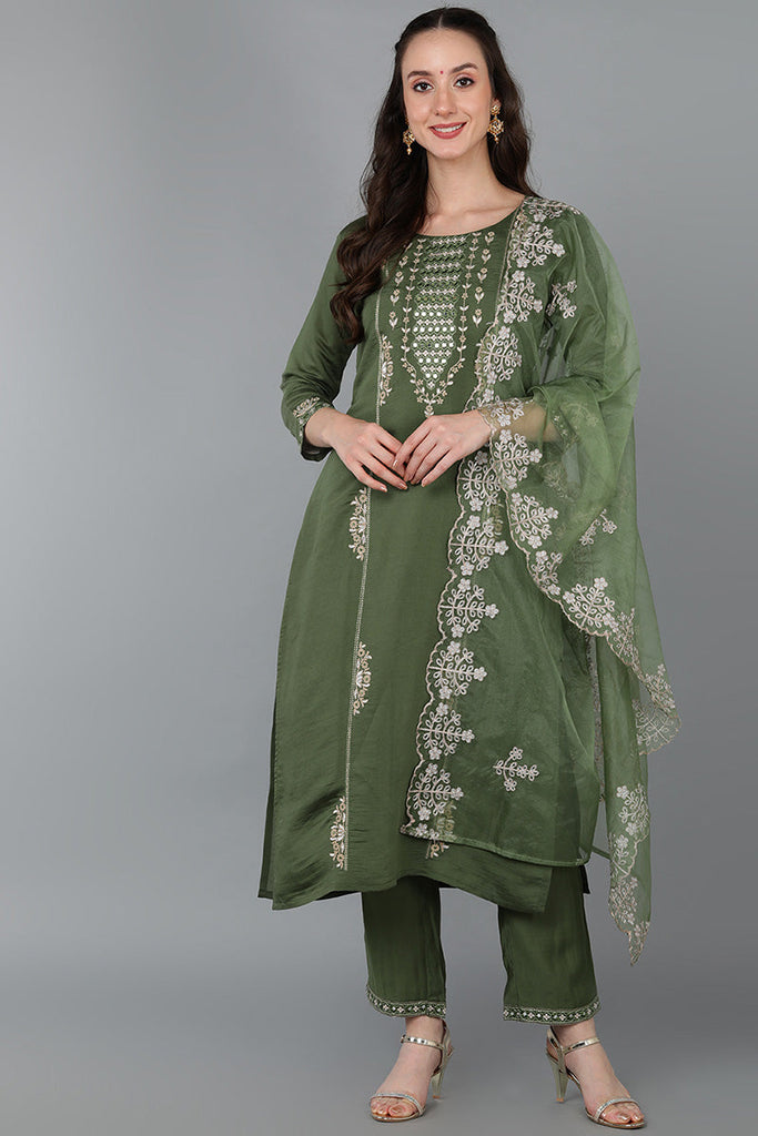 Green Silk Blend Ethnic Motifs Straight Kurta Trousers With Dupatta 