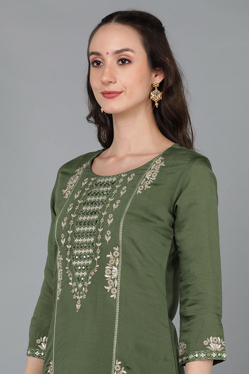 Green Silk Blend Ethnic Motifs Straight Kurta Trousers With Dupatta 