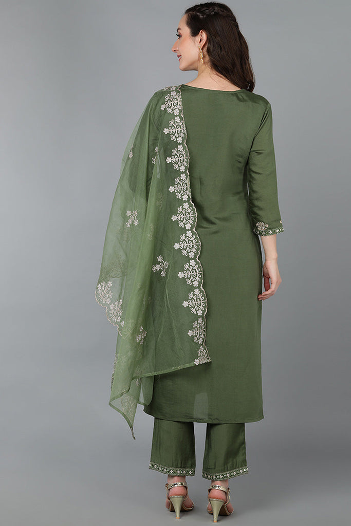 Green Silk Blend Ethnic Motifs Straight Kurta Trousers With Dupatta 