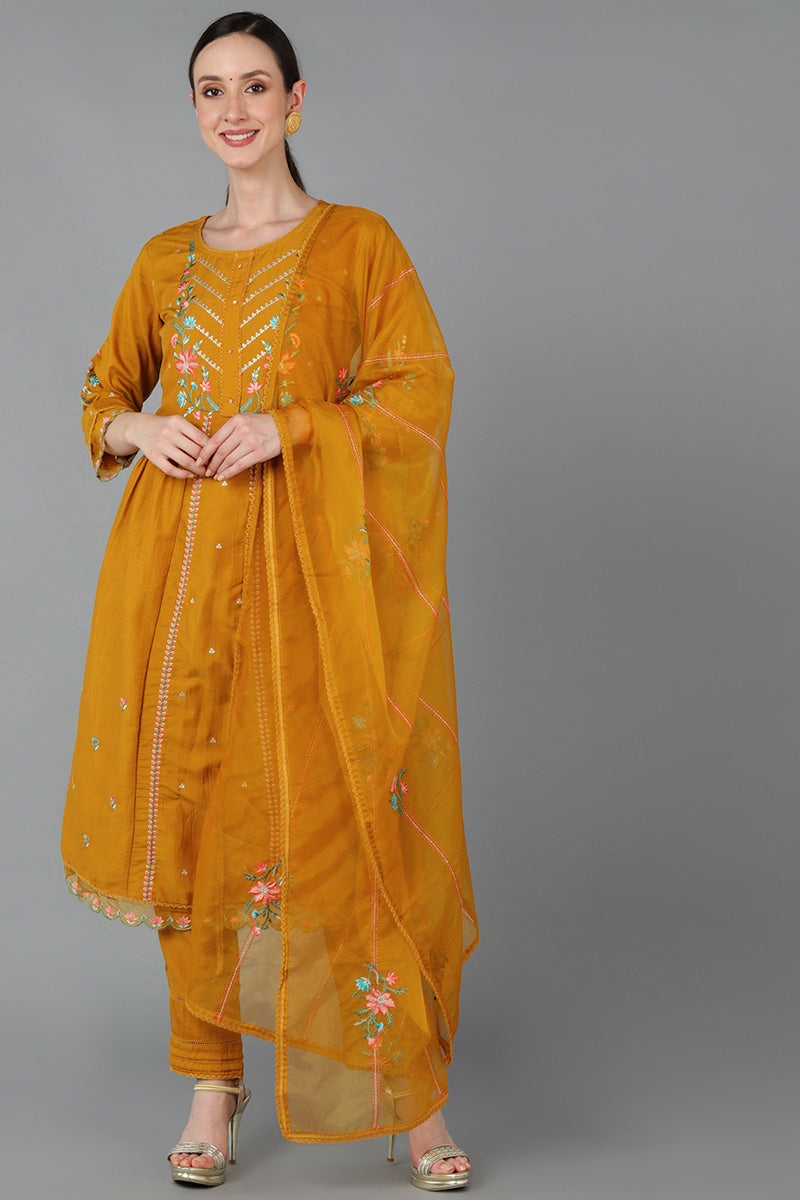  Women Mustard Silk Blend Embroidered Kurta Set 