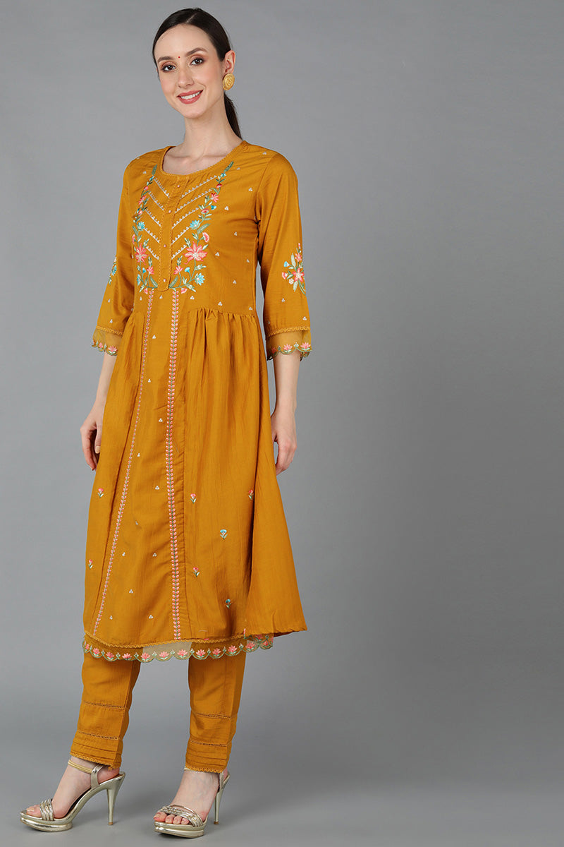  Women Mustard Silk Blend Embroidered Kurta Set 