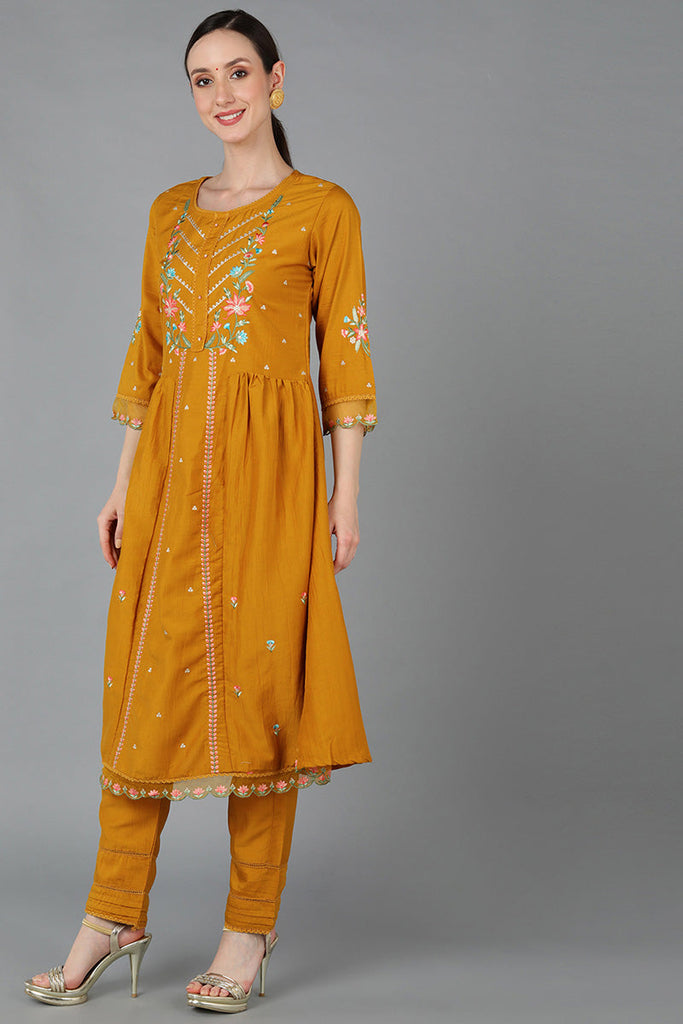  Women Mustard Silk Blend Embroidered Kurta Set 