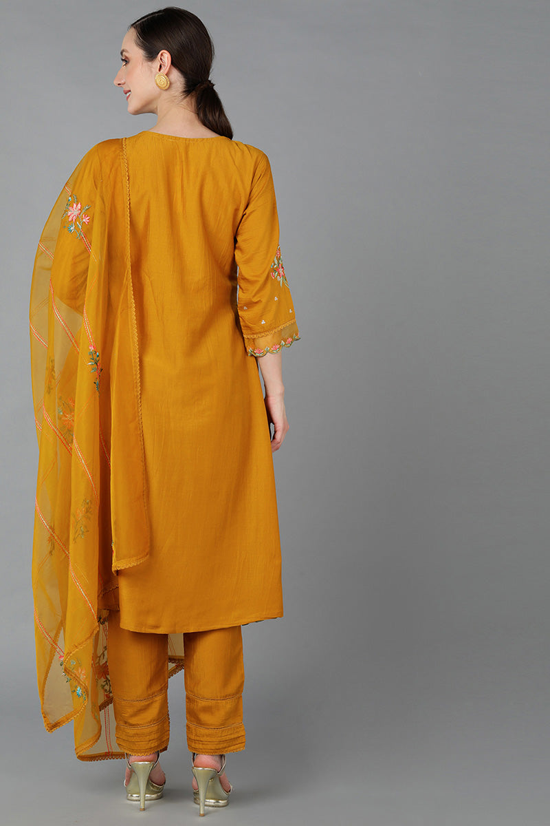  Women Mustard Silk Blend Embroidered Kurta Set 