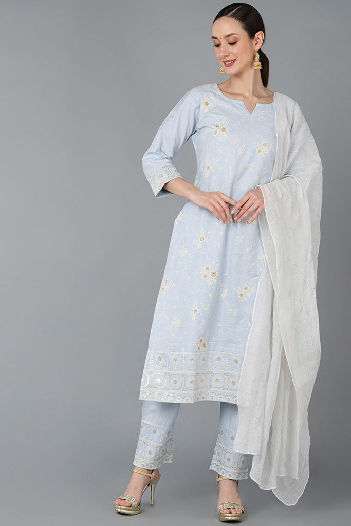  Women Blue Pure Cotton Embroidered Kurta Set