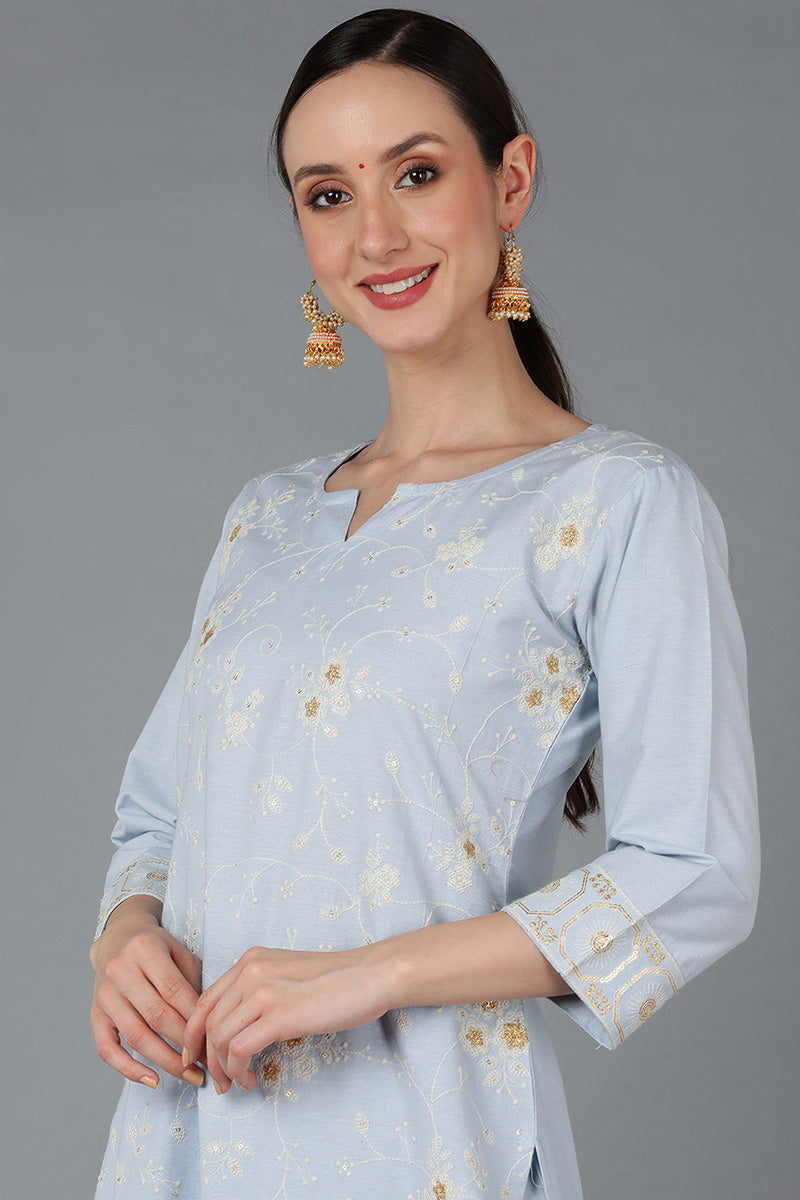  Women Blue Pure Cotton Embroidered Kurta Set