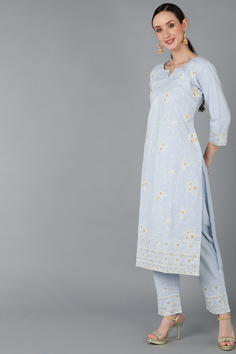  Women Blue Pure Cotton Embroidered Kurta Set