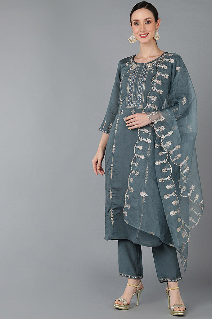  Women Charcoal Silk Blend Embroidered Kurta Set