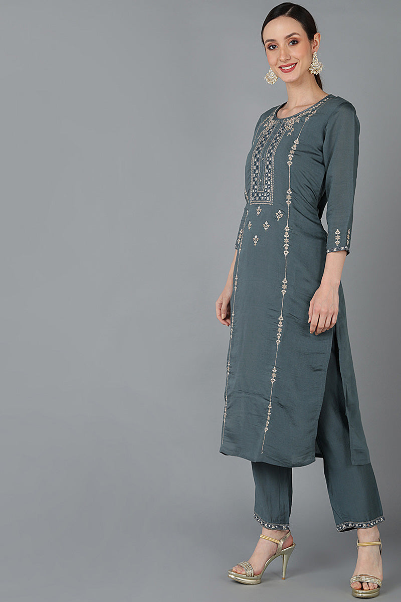  Women Charcoal Silk Blend Embroidered Kurta Set