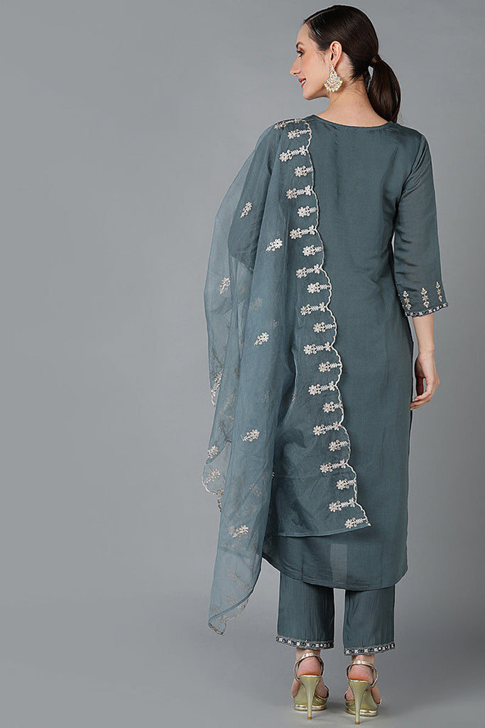  Women Charcoal Silk Blend Embroidered Kurta Set