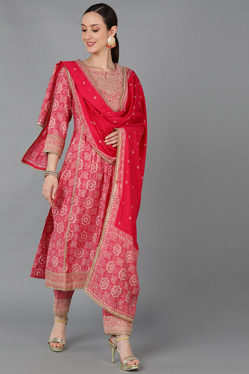  Women Pink Silk Blend Yoke Design Kurta Set 