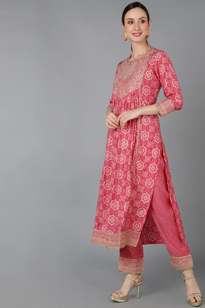  Women Pink Silk Blend Yoke Design Kurta Set 