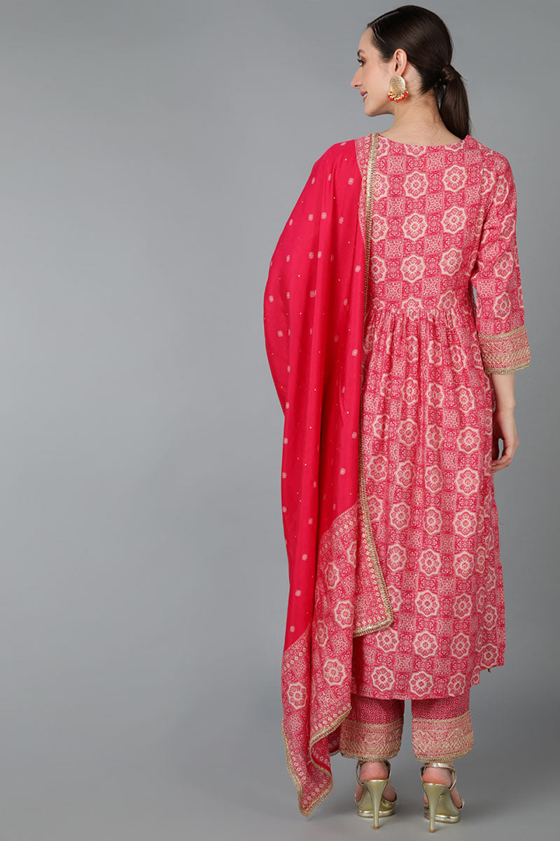  Women Pink Silk Blend Yoke Design Kurta Set 