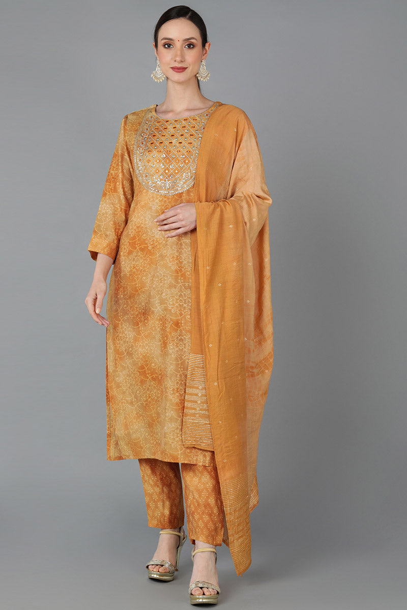  Women Mustard Silk Blend Yoke Design Kurta Set 