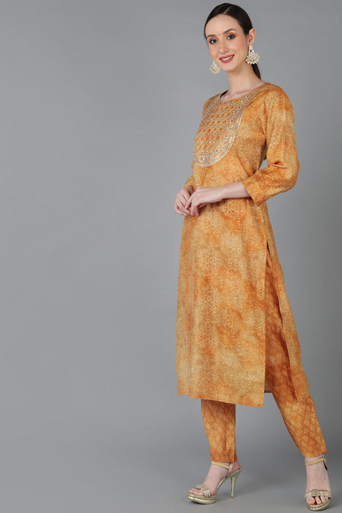  Women Mustard Silk Blend Yoke Design Kurta Set 