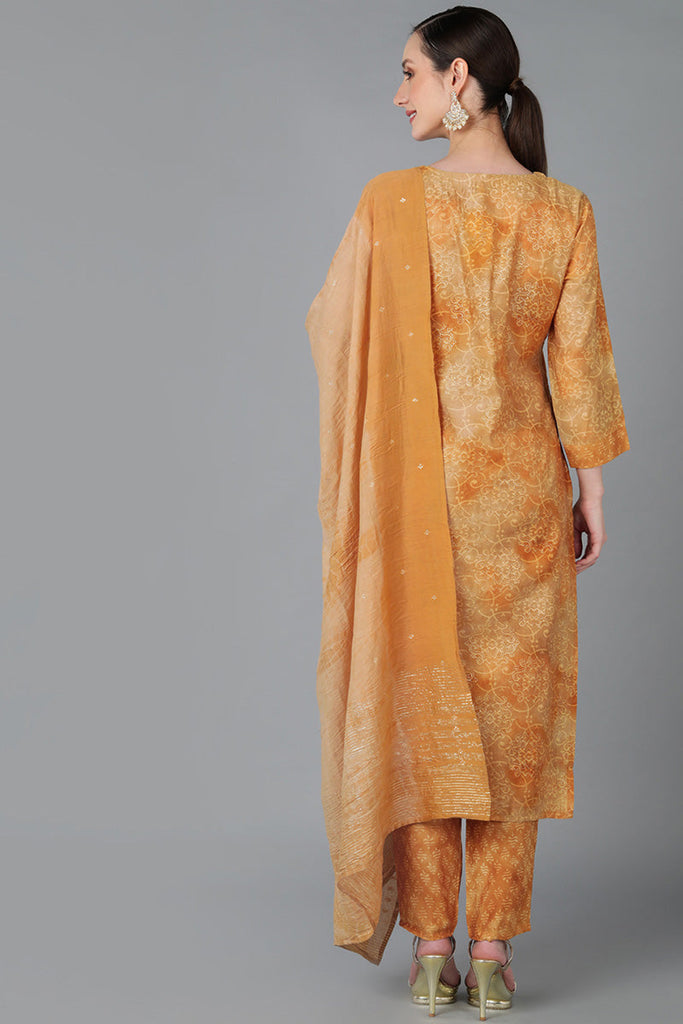  Women Mustard Silk Blend Yoke Design Kurta Set 