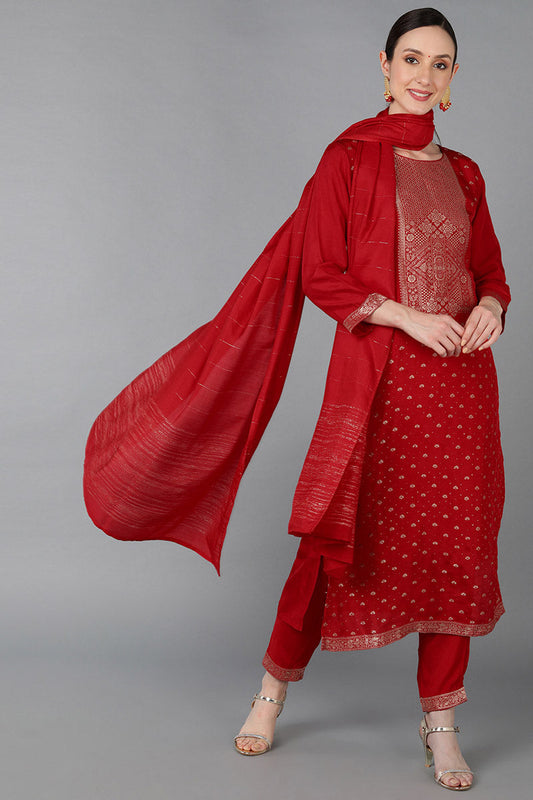  Women Red Silk Blend Yoke Design Kurta Set 