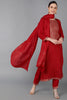  Women Red Silk Blend Yoke Design Kurta Set 