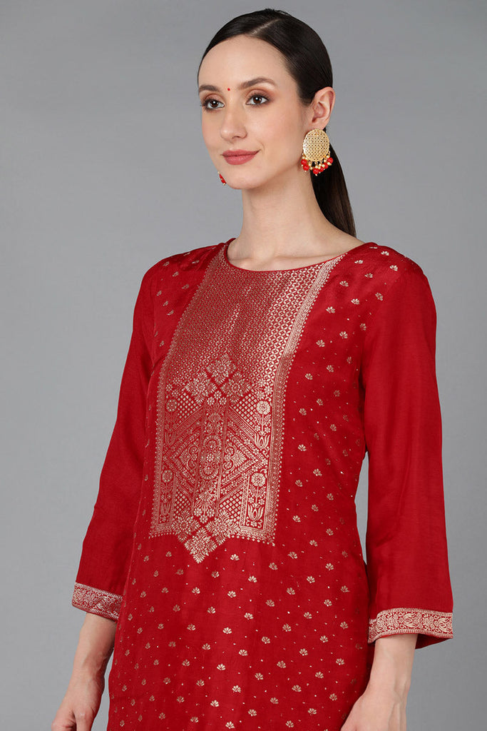  Women Red Silk Blend Yoke Design Kurta Set 