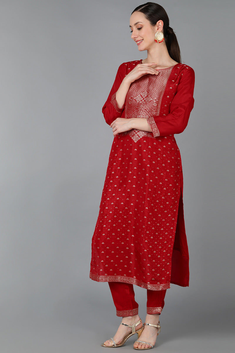  Women Red Silk Blend Yoke Design Kurta Set 