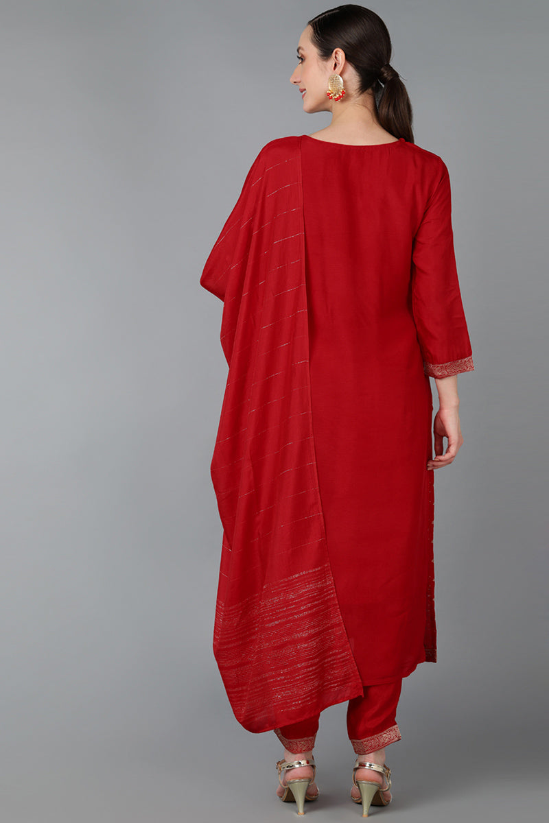  Women Red Silk Blend Yoke Design Kurta Set 