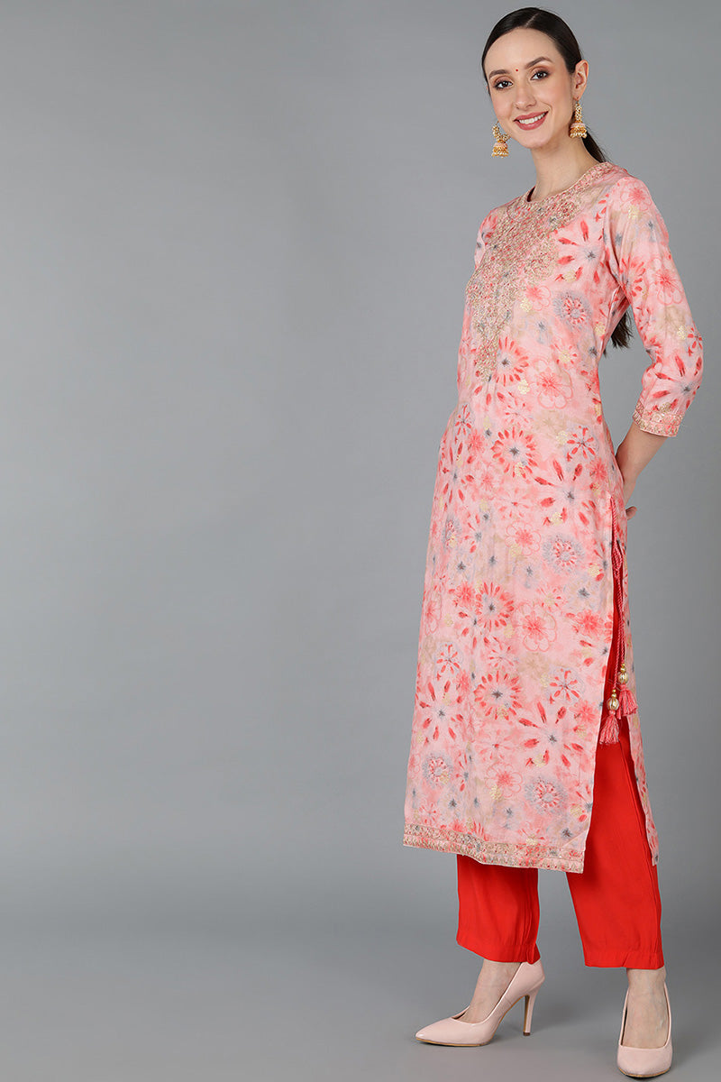  Women Pink Silk Blend Dyed Kurta Set 