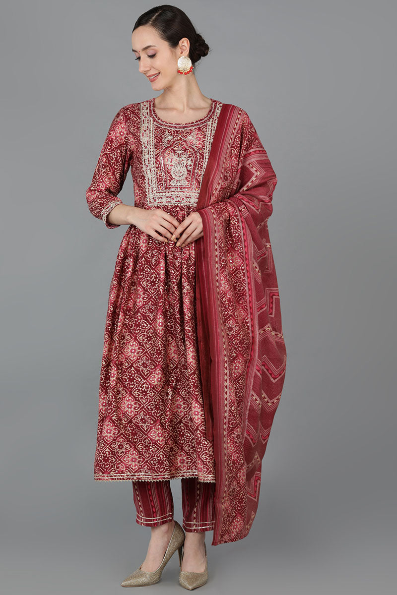  Women Maroon Chanderi Silk Kurta Trousers With Dupatta 