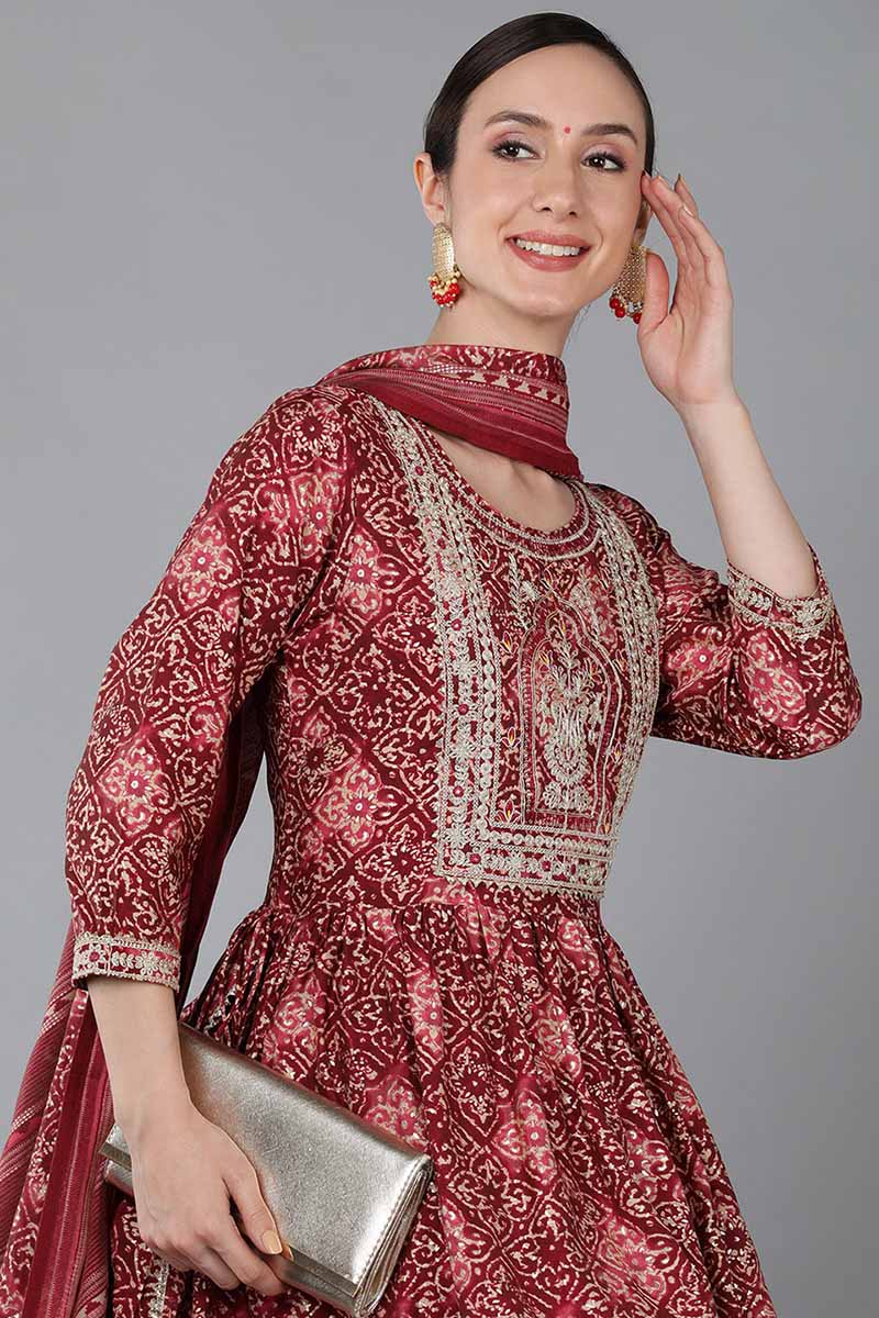  Women Maroon Chanderi Silk Kurta Trousers With Dupatta 