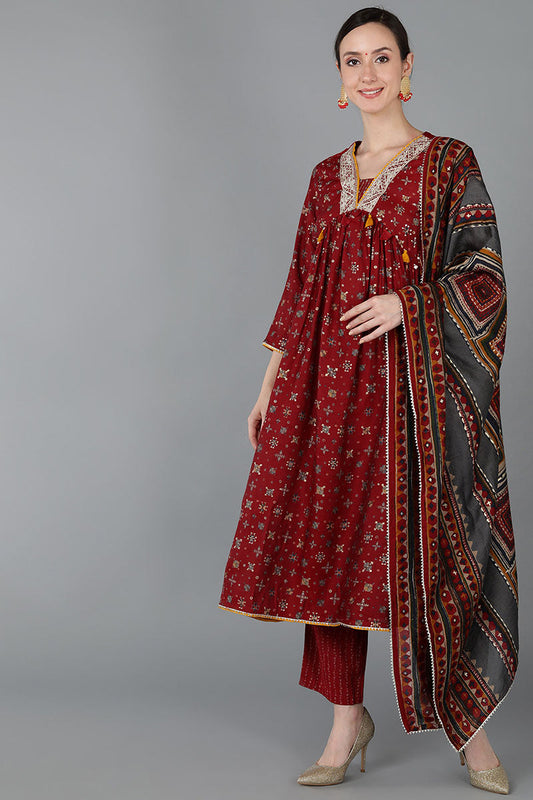  Women Maroon Chanderi Silk Kurta Trousers With Dupatta 