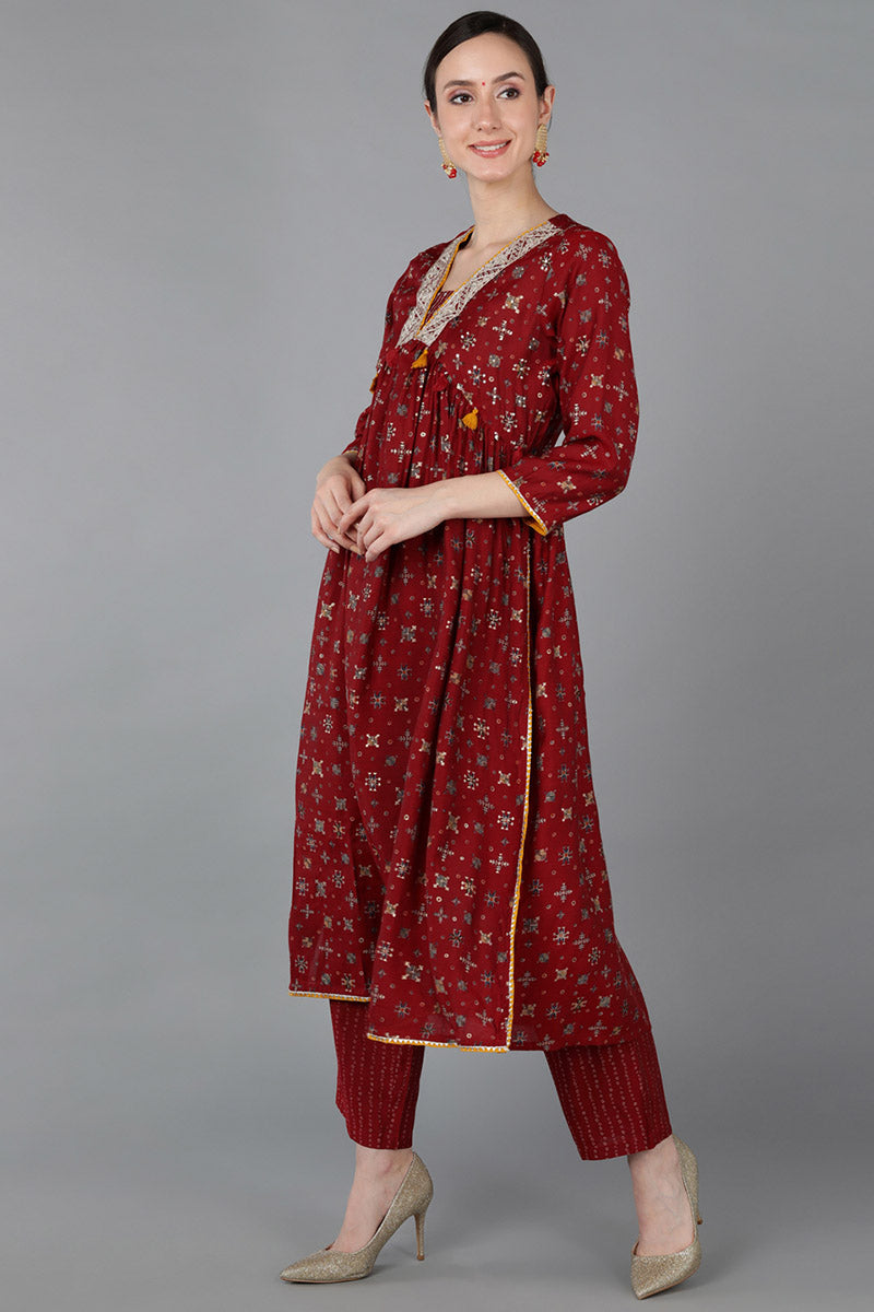  Women Maroon Chanderi Silk Kurta Trousers With Dupatta 