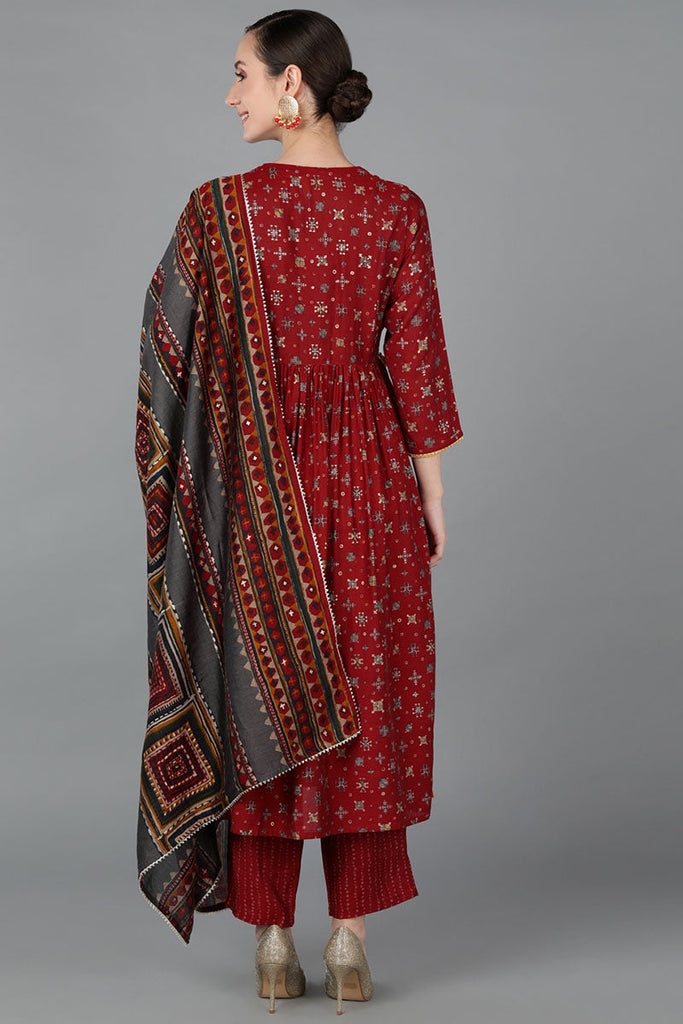  Women Maroon Chanderi Silk Kurta Trousers With Dupatta 