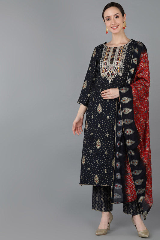  Women Black Chanderi Silk Kurta Trousers With Dupatta 