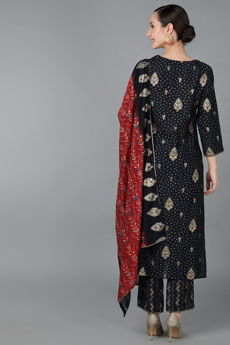  Women Black Chanderi Silk Kurta Trousers With Dupatta 