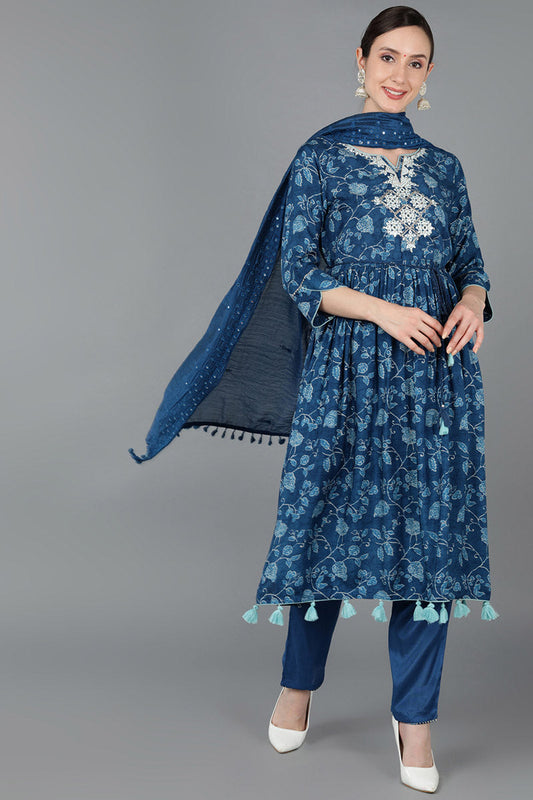  Women Blue Chanderi Silk Kurta Trousers With Dupatta 