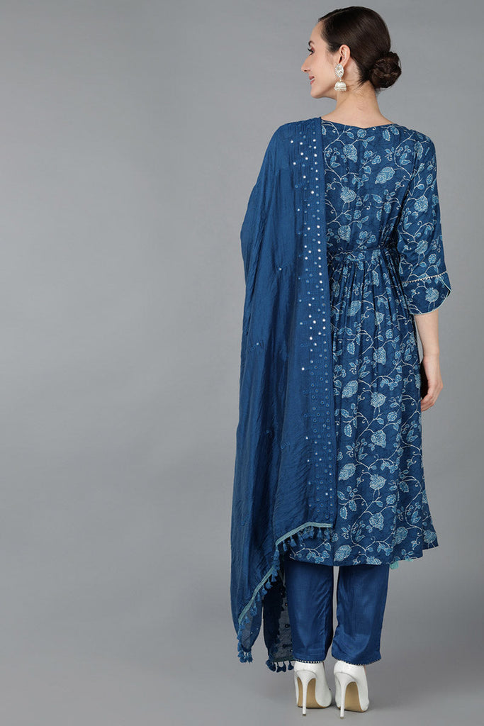  Women Blue Chanderi Silk Kurta Trousers With Dupatta 