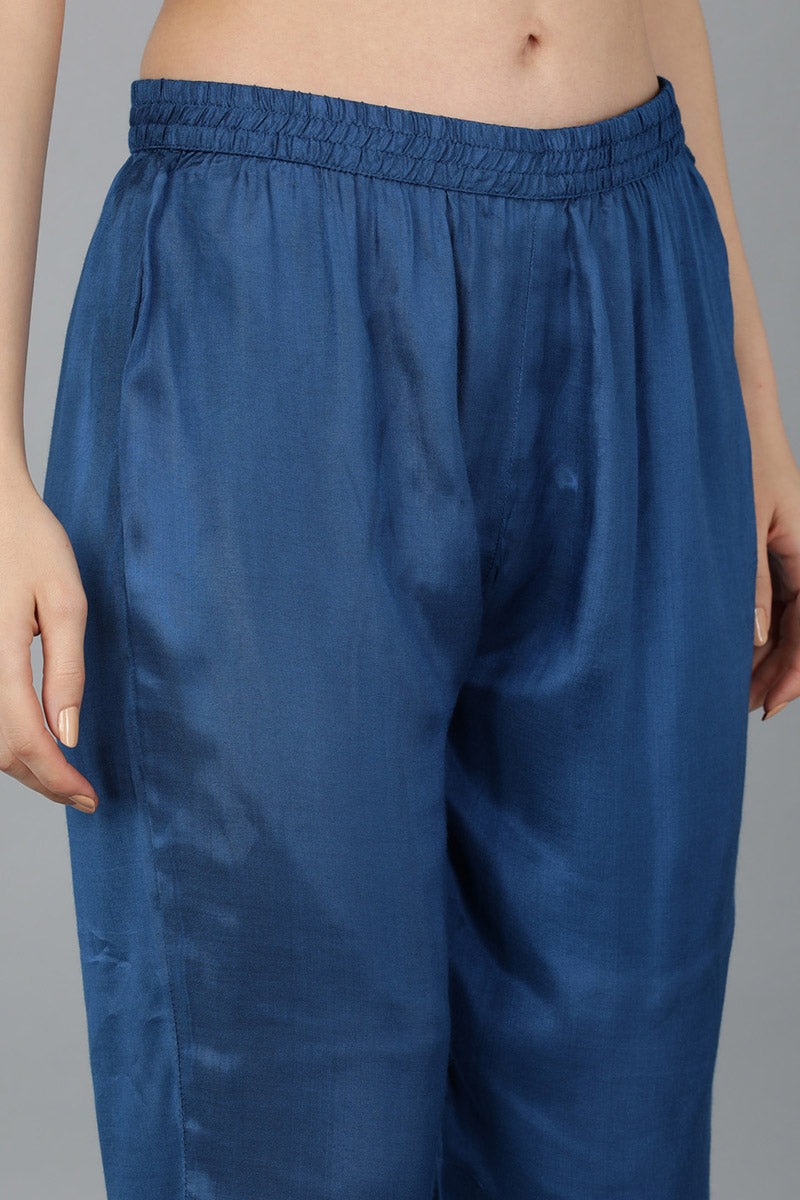  Women Blue Chanderi Silk Kurta Trousers With Dupatta 