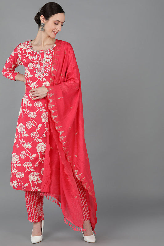  Women Pink Chanderi Silk Kurta Trousers With Dupatta 