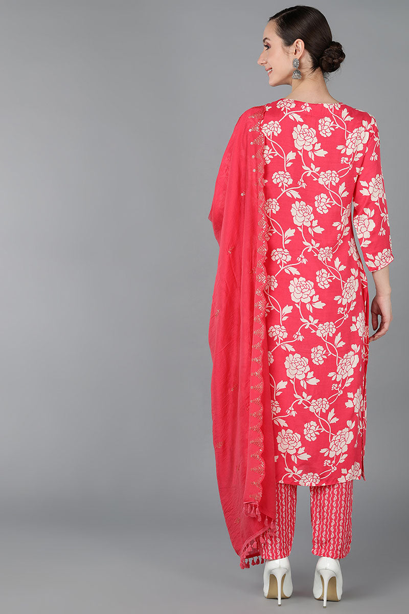  Women Pink Chanderi Silk Kurta Trousers With Dupatta 