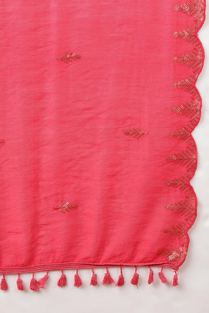  Women Pink Chanderi Silk Kurta Trousers With Dupatta 