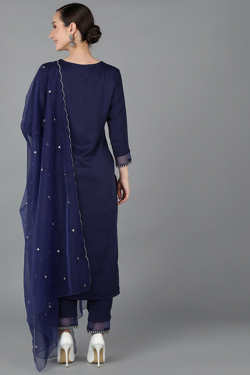  Women Blue Poly Silk Kurta Trousers With Dupatta 